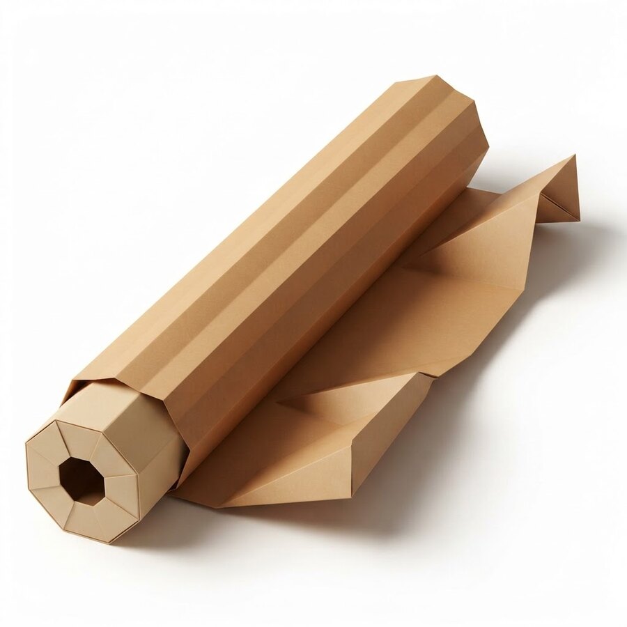 A folded-paper rendering of a roll of brown kraft wrapping paper, partly unrolled.
