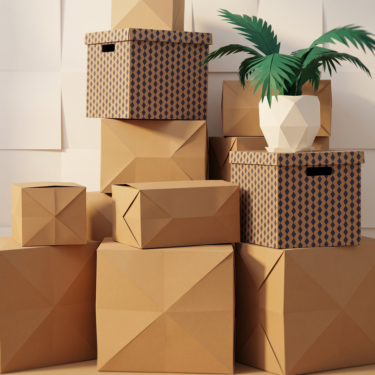 A folded-paper rendering of packed moving cartons stacked and ready to load.