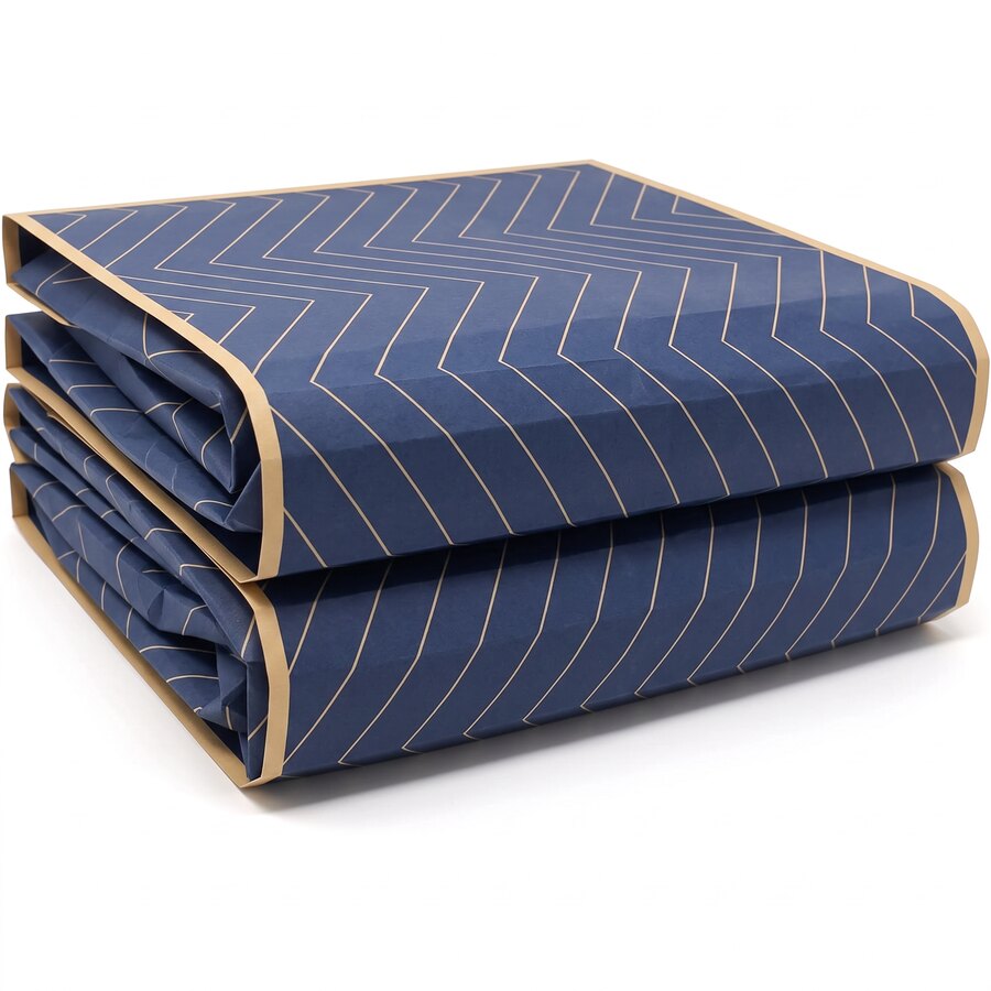 A folded-paper rendering of an indigo quilted furniture pad with chevron stitching and bound edges.