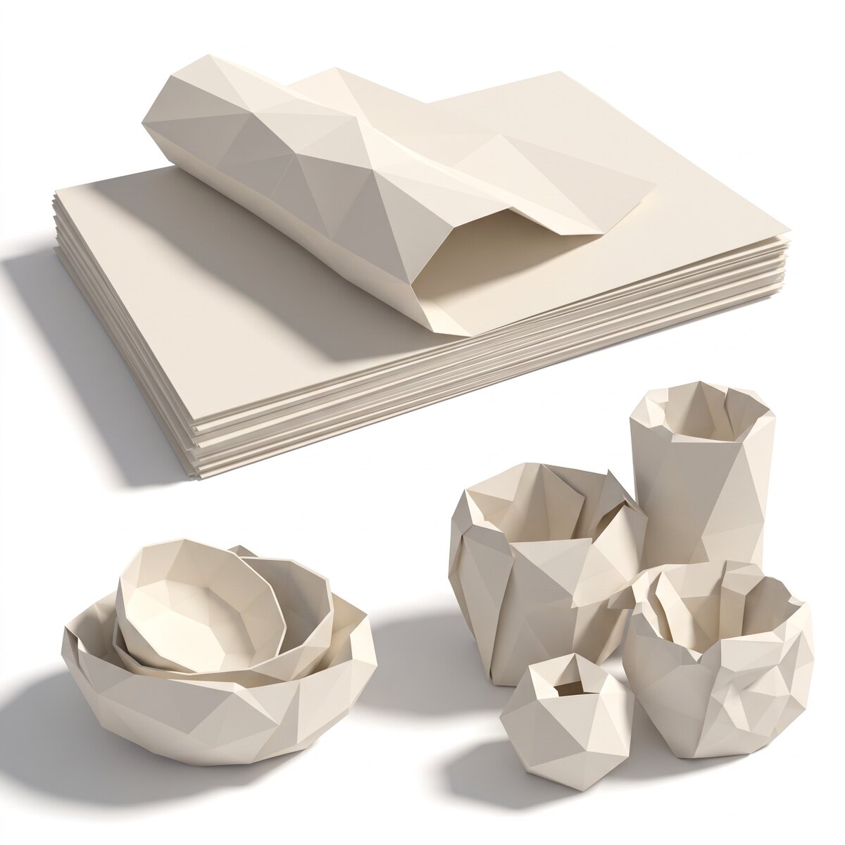 A folded-paper rendering of a stack of unprinted packing paper beside sheets crumpled around a bowl.