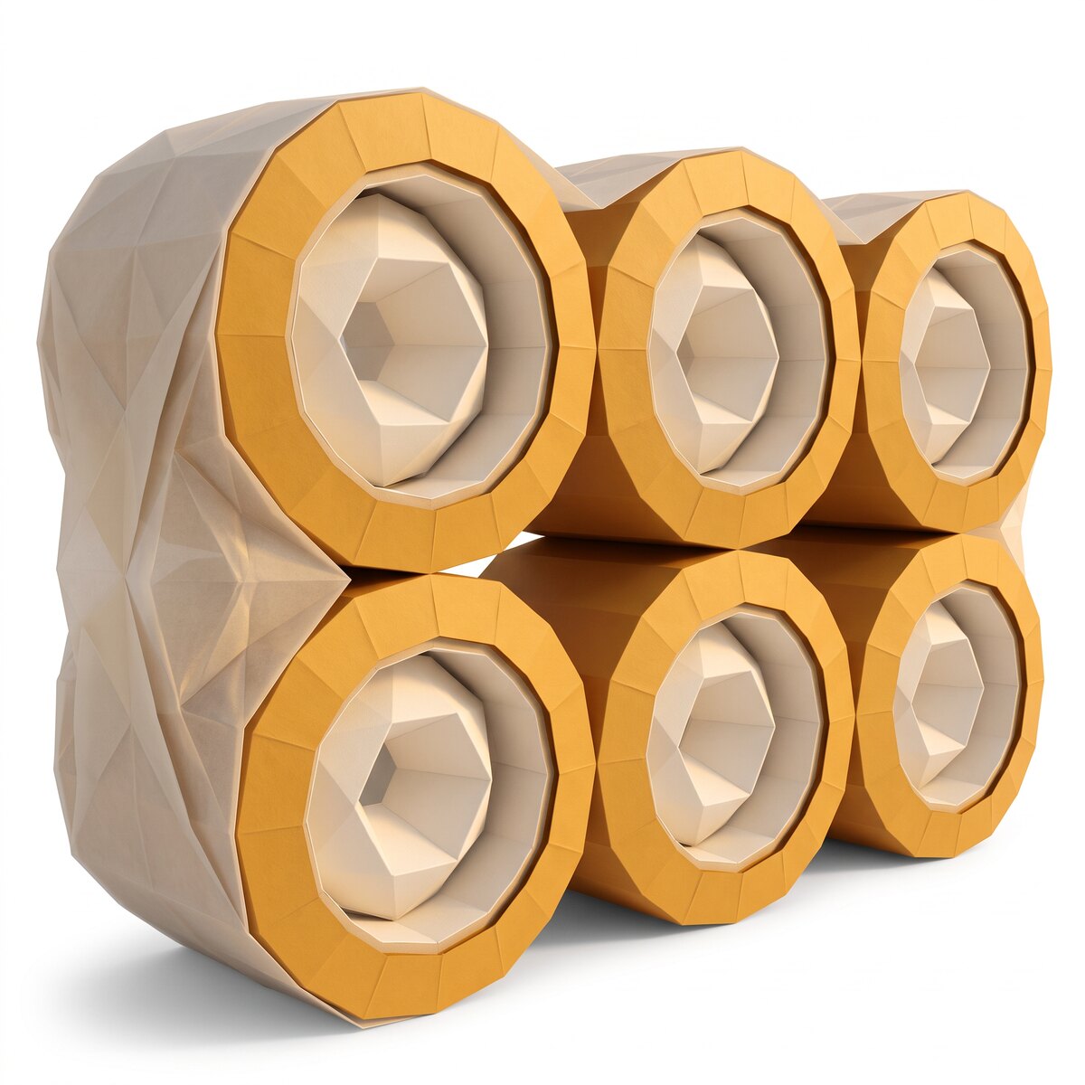 A folded-paper rendering of six rolls of amber carton sealing tape, shrink-wrapped as a pack.